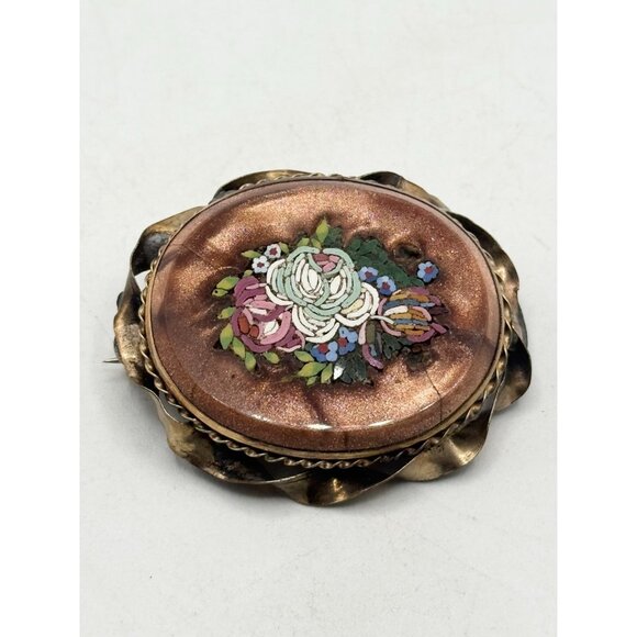 Antique Victorian Goldstone Micro Mosaic Bezel Brooch Pin - Picture 3 of 7